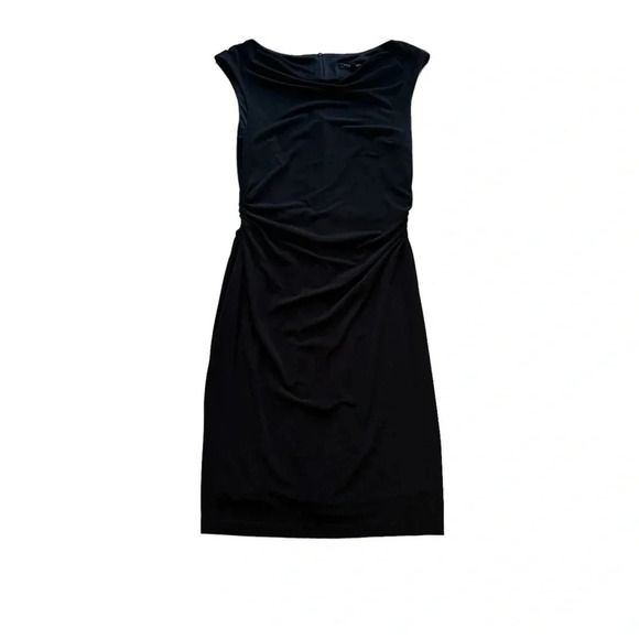 David Meister Black Sheath Dress Below Knee Cocktail Ruched Cowl Neck 10 - Picture 1 of 8